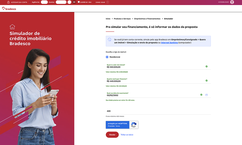 Formulário do simulador – Preenchido